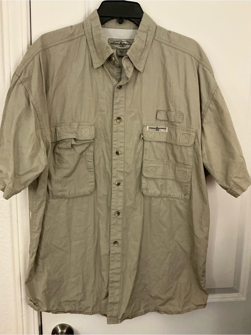 Hook & Tackle Men’s Large L Tan Khaki 100% Cotton Ventilation Fishing Shirt